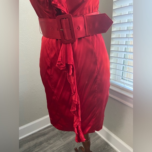 Express Red Silk Strapless Mini Dress with Belt, Size 4 Cocktail Homecoming - Picture 4 of 13